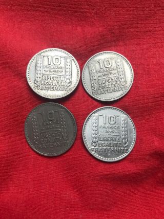 France,  4 Diff Years 10 Francs Coins Of The Years: 1946,  1947,  1948,  1949