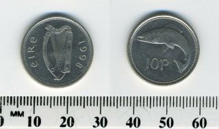 Ireland Republic 1998 - 10 Pence Copper - Nickel Coin - Irish Harp - Salmon Left