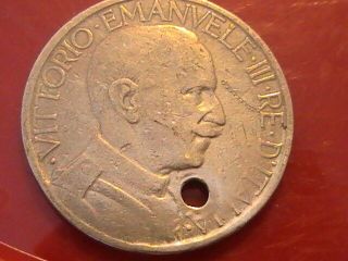 Italy 1925 R 2 Lire Vittorio Emanuele Iii Hole Drilled In Coin For Pendant
