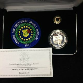 1997 National Law Enforcement Officers Proof Silver $1 W/ Pin,  Patch Box &