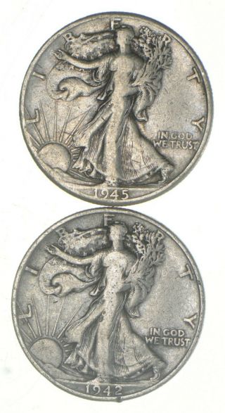 (2) 1942 - D & 1945 - D Walking Liberty Half Dollars 90 Silver $1.  00 Face 700