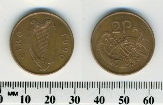 Ireland 1990 - 2 Pence Copper Plated Steel Coin - Irish Harp - Stylized Bird