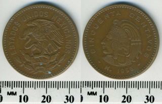 Mexico 1956 - 50 Centavos Bronze Coin - National Arms - Head With Headdress - 2