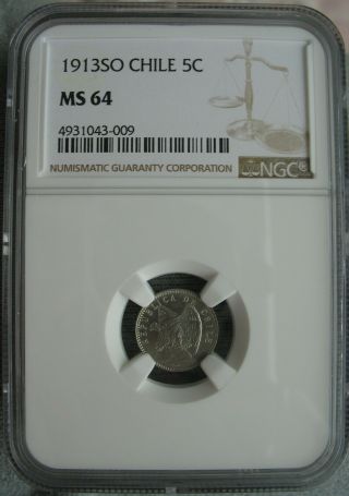 1913 So Chile Silver 5 Centavos Ngc Ms - 64