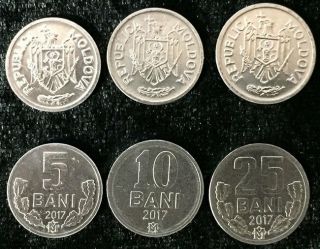 Moldova Set Of 3 Coins 5 10 25 Bani 2017 Unc