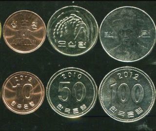 South Korea Set 3 Coins 10 50 100 Won Completed 2010 - 1012 Unc