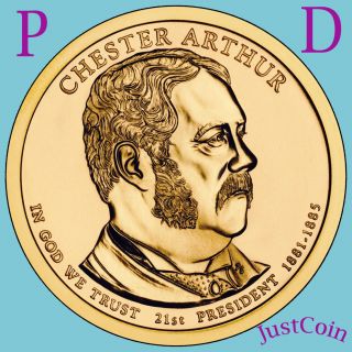 2012 P&d Chester Arthur Two Coins Set Golden Presidential Dollar Uncirculated