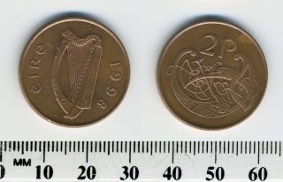 Ireland 1998 - 2 Pence Copper Plated Steel Coin - Irish Harp - Stylized Bird