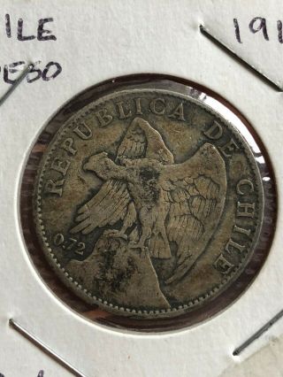 1915 Chile Silver 1 Peso Coin Km 152.  4.  720 Silver