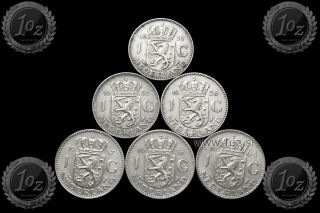 Netherlands 6 X 1 Gulden: 1954,  1955,  1956,  1957,  1958,  1964 / Silver Coins Xf