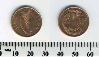 Ireland 1994 - 1 Penny Copper Plated Steel Coin - Irish Harp - Stylized Bird