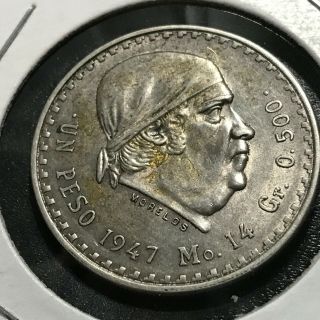 1947 Mexico Silver Un Peso Crown Coin