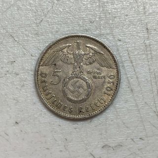 1936 A 5 Mark German Ww2 Silver Coin Third Reich Swastika Reichsmark