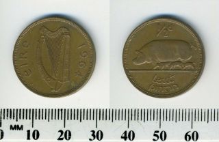 Ireland Republic 1964 - 1/2 Penny Bronze Coin - Irish Harp - Sow With Piglets