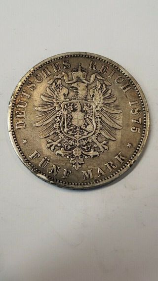 1875 A German States Prussia 5 Mark Silver Coin