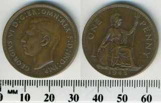 Great Britain 1945 - 1 Penny Bronze Coin - King George Vi