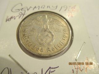1936 A German Silver 5 Mark Coin,  Km - 94