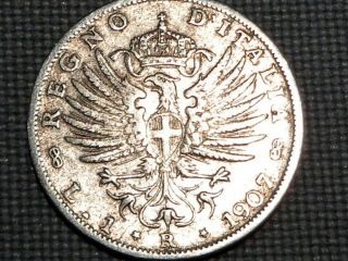 Italy Kingdom Silver 1907 1 Lira Vittorio Emanuele Iii Crown Sabaud Savoy Eagle