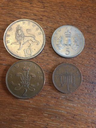 4 Coins England Penny,  5 Pence,  2 Pence,  10 Pence Circulated