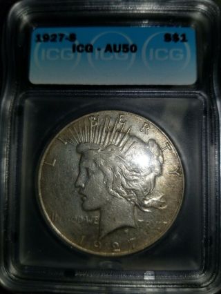 1927 - S Peace Silver Dollar,  ICG AU50,  Tough Date,  Certified,  Good Mark 2