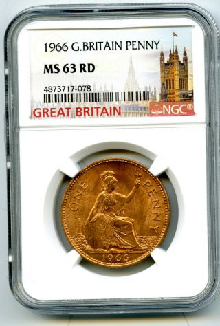 1966 Great Britain Britannia Large Copper Penny Ngc Ms63 Rd Low Mintage