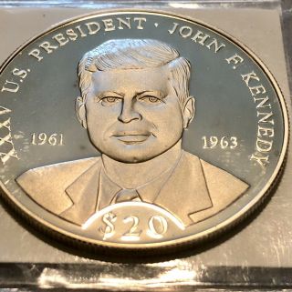 2000 Republic Of Liberia $20 Proof.  999 Fine Silver - U.  S.  President J.  Kennedy