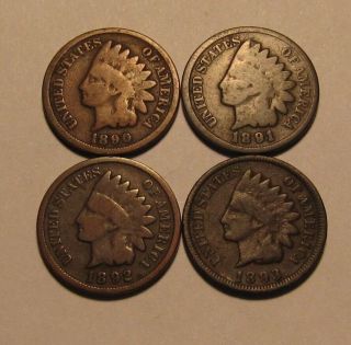 1890 1891 1892 1893 Indian Head Cent Penny - Mixed - 70fr