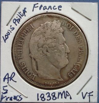 1838 France - 5 Francs - Louis - Philippe I -.  900 Silver Coin - Km749