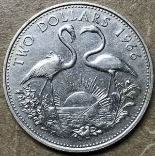Bahamas - Queen Elizabeth Ii - Silver $2 - Two Dollars - Km - 9 - Flamingos -.  886