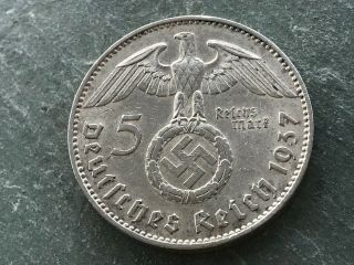 German Nazi Silver Coin 1937 J 5 Reichsmark.  900 Silver Big Swastika