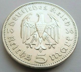 (637) Antique Wwii German 3rd Reich 1936 A 5 Reichsmark Silver Coin