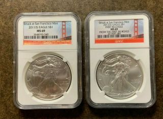 2011 (s) & 2012 (s) Ngc Ms69 American Silver Eagle Coins -