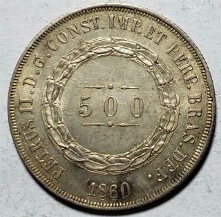 Brazil,  500 Reis,  1860,  Choice Almost Uncirculated, .  1879 Ounce Silver,  2