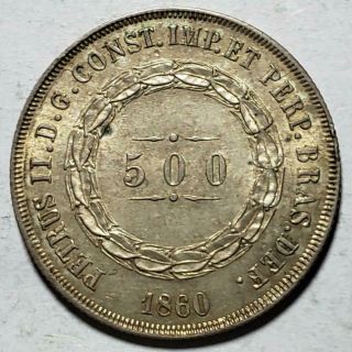 Brazil,  500 Reis,  1860,  Choice Almost Uncirculated, .  1879 Ounce Silver,  3