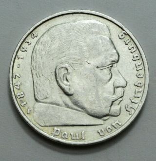 1935 - J German 5 Mark Reichsmark Silver Coin Eagle Hindenburg Third Reich Ww2 Unc