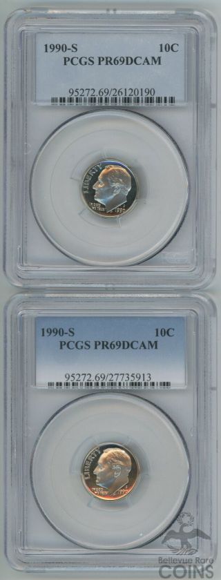 Set Of 2 - 1990 - S United States 10c Proof Roosevelt Dime Graded Pr69dcam By Pcgs