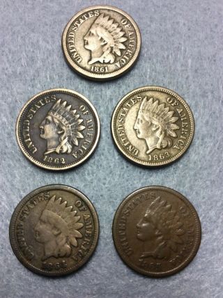 Indian Head Cent Set Of 5 1861,  1862,  1863,  1864 & 1865