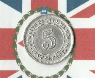 1899 British Strait Settlement 5 Cent Coin 80 Silver Tiny Mintage Of 78,  000
