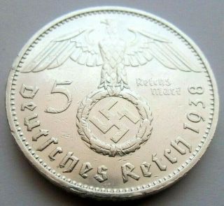 (482) Rare Wwii German 5 Mark - 1938 E - 90 Silver - Coin Big Swastika