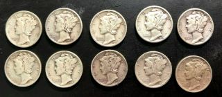 10 Piece 10c Mercury Head Dimes 1941,  1942,  1943,  1944,  1945