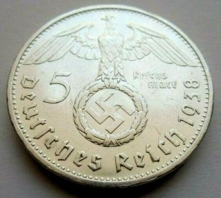 (459) Wwii German 5 Mark - 1938 G - 90 Silver - Coin Big Swastika