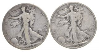 (2) 1941 - D & 1942 - S Walking Liberty Half Dollars 90 Silver $1.  00 Face 981