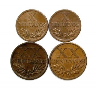 Portugal 1952 & 1954 10 Centavo,  1944 & 1962 20 Centavo Coins 145587 2