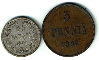 Russia Imperial Finland Silver Coin 50 Pennia 1890,  5 Pennia 1892