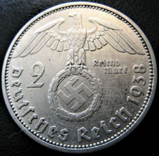 Rare 1938a 2 Mark Silver Bullion German Swastika Nazi Germany 3rd Reich Ww2 Coin