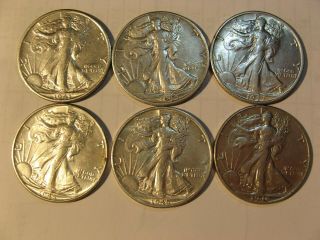 1943s,  1944d,  1944s,  1945,  1945s,  1946 Walking Liberty Half Dollar 90 Silver