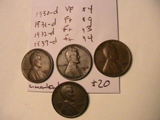 1930 - D,  1931 - D,  1932 - D,  1933 - D Us Lincoln Cent Fine - Vf No Problems 1 Penny Coins
