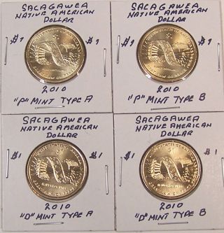Sacagawea 2010 Uncirculated Native American Dollar Set Of 4 (p & D - Type A & B)
