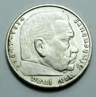 1935 - A German 5 Mark Reichsmark Silver Coin Eagle Hindenburg Third Reich Ww2,  Nr