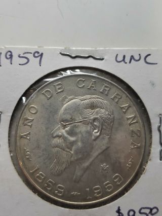 1959 Año De Carranza Mexico Cinco Pesos Silver Coin 18.  055g Ley.  720